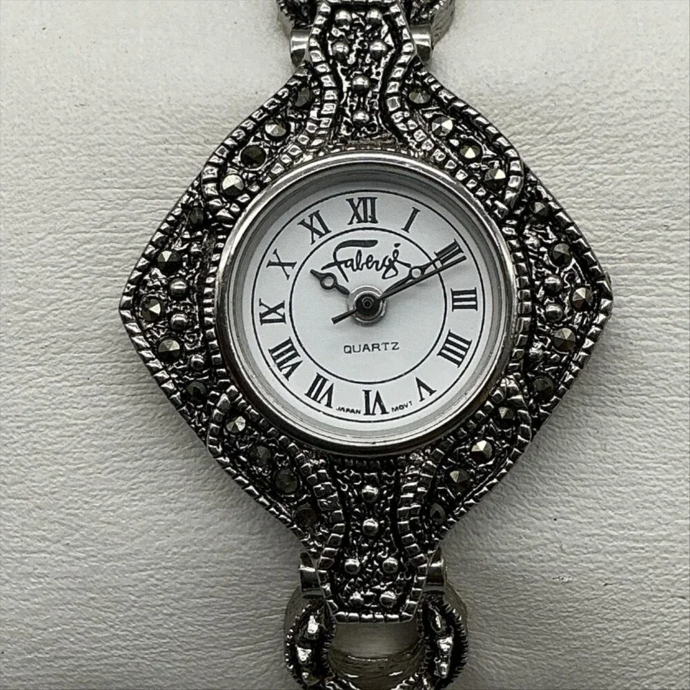 Faberge Womens Watch 25mm Silver Tone Marcasite Dress Bracelet New Battery 6.75